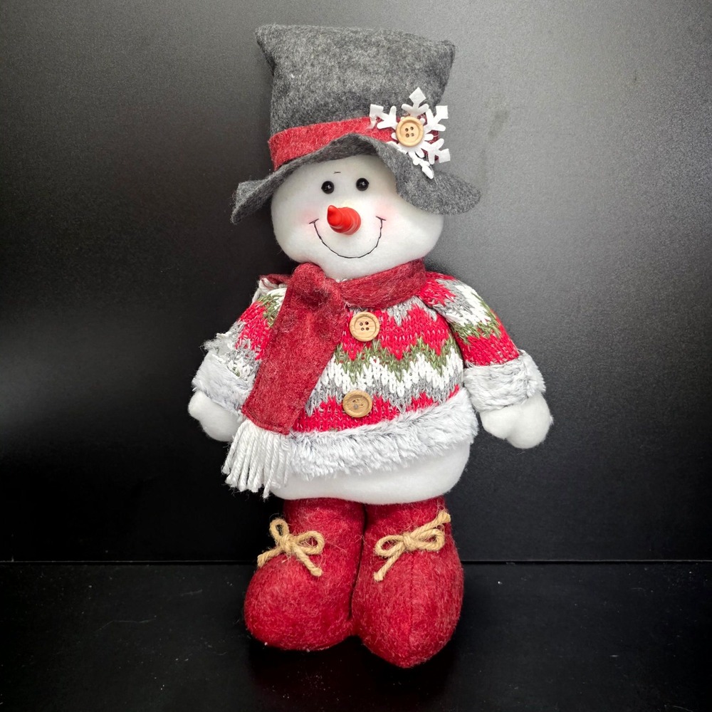 Snowman Plush Holiday Decor 15" White Red Gray Fair Isle Sweater Winter Figurine